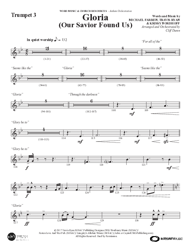 Gloria (Our Savior Found Us) (Choral Anthem SATB) Trumpet 3 (Word Music Choral / Arr. Cliff Duren)