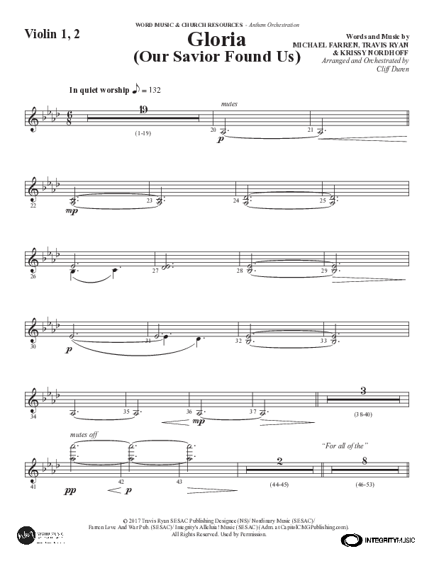 Gloria (Our Savior Found Us) (Choral Anthem SATB) Violin 1/2 (Word Music Choral / Arr. Cliff Duren)