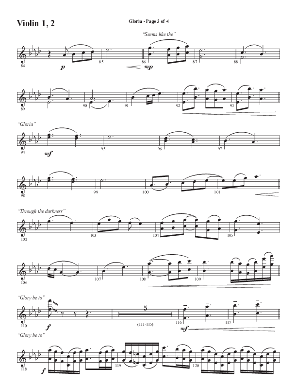 Gloria (Our Savior Found Us) (Choral Anthem SATB) Violin 1/2 (Word Music Choral / Arr. Cliff Duren)