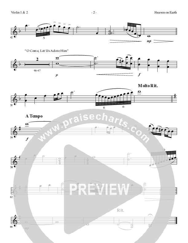 Heaven On Earth with O Come Let Us Adore Him (Choral Anthem SATB) Violin 1/2 (Lillenas Choral / Arr. Phil Nitz)