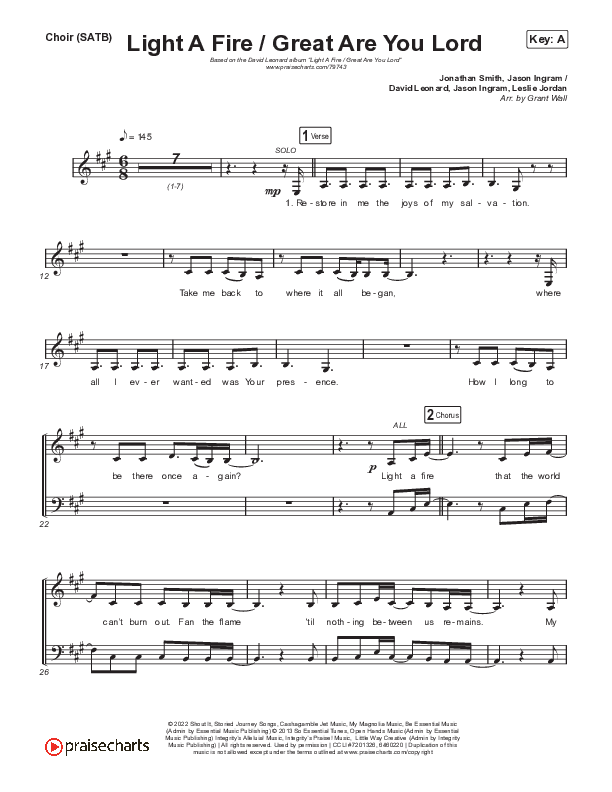 Light A Fire / Great Are You Lord Choir Sheet (SATB) (David Leonard)
