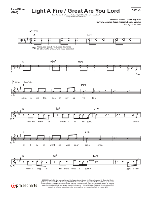Light A Fire / Great Are You Lord Lead Sheet (SAT) (David Leonard)