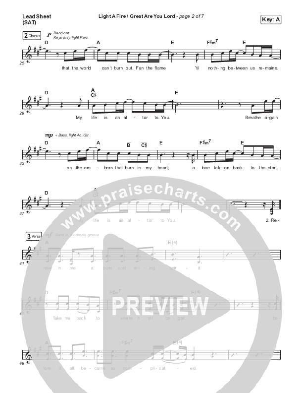 Light A Fire / Great Are You Lord Lead Sheet (SAT) (David Leonard)