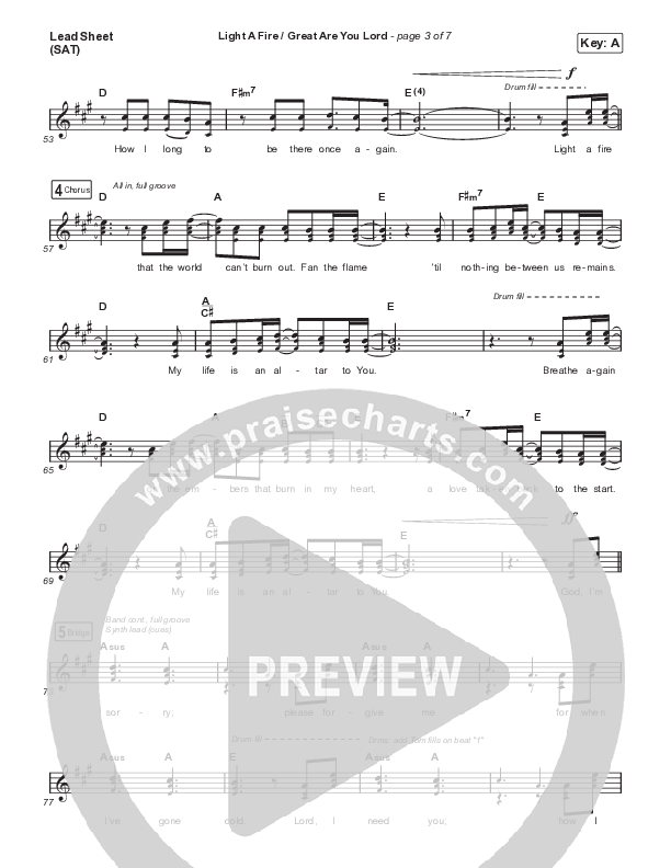 Light A Fire / Great Are You Lord Lead Sheet (SAT) (David Leonard)