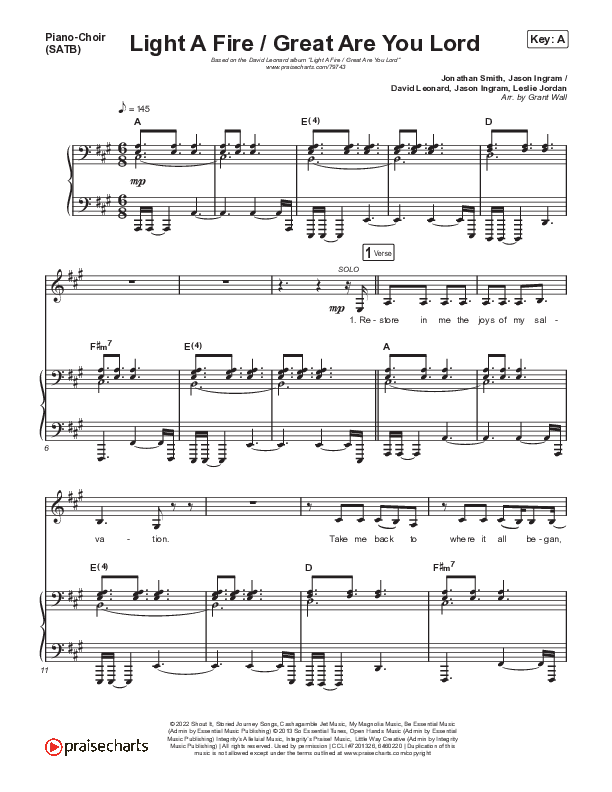 Light A Fire / Great Are You Lord Piano/Vocal Pack (David Leonard)