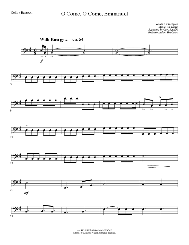 O Come O Come Emmanuel (Choral Anthem SATB) Cello (Lillenas Choral / Arr. Gary Rhodes / Orch. Tim Cates)