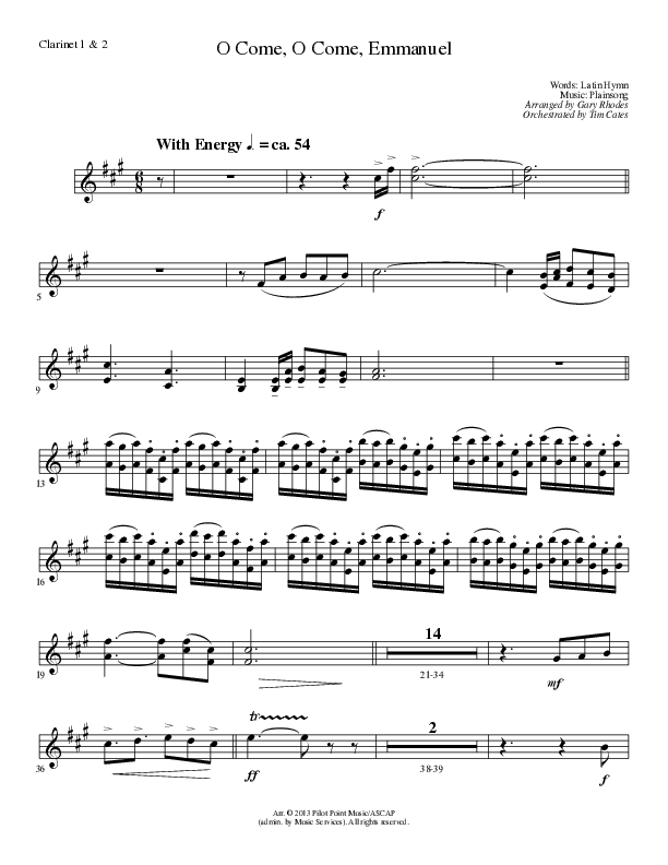 O Come O Come Emmanuel (Choral Anthem SATB) Clarinet 1/2 (Lillenas Choral / Arr. Gary Rhodes / Orch. Tim Cates)