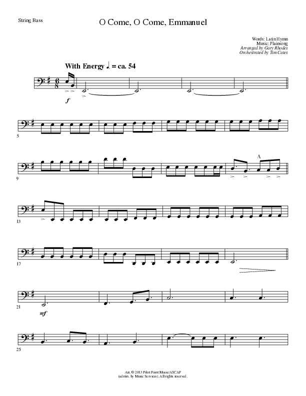 O Come O Come Emmanuel (Choral Anthem SATB) Double Bass (Lillenas Choral / Arr. Gary Rhodes / Orch. Tim Cates)