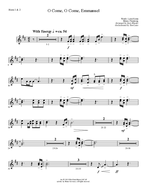 O Come O Come Emmanuel (Choral Anthem SATB) French Horn 1/2 (Lillenas Choral / Arr. Gary Rhodes / Orch. Tim Cates)