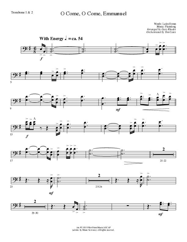 O Come O Come Emmanuel (Choral Anthem SATB) Trombone 1/2 (Lillenas Choral / Arr. Gary Rhodes / Orch. Tim Cates)