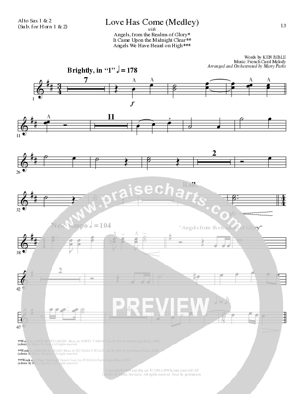 Love Has Come (with Angels From The Realms Of Glory, It Came Upon A Midnight Clear, Angels We Have H (Choral Anthem SATB) Alto Sax (Lillenas Choral / Arr. Marty Parks)