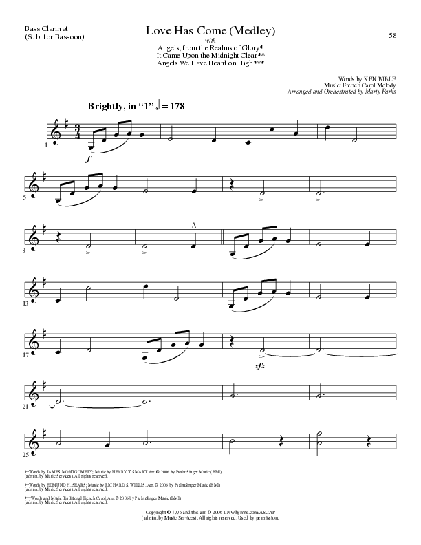 Love Has Come (with Angels From The Realms Of Glory, It Came Upon A Midnight Clear, Angels We Have H (Choral Anthem SATB) Bass Clarinet (Lillenas Choral / Arr. Marty Parks)