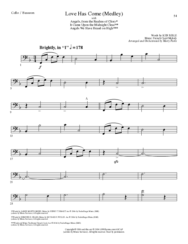 Love Has Come (with Angels From The Realms Of Glory, It Came Upon A Midnight Clear, Angels We Have H (Choral Anthem SATB) Cello (Lillenas Choral / Arr. Marty Parks)