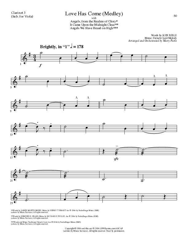Love Has Come (with Angels From The Realms Of Glory, It Came Upon A Midnight Clear, Angels We Have H (Choral Anthem SATB) Clarinet 3 (Lillenas Choral / Arr. Marty Parks)
