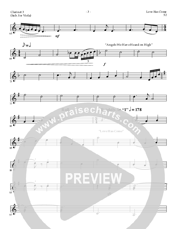 Love Has Come (with Angels From The Realms Of Glory, It Came Upon A Midnight Clear, Angels We Have H (Choral Anthem SATB) Clarinet 3 (Lillenas Choral / Arr. Marty Parks)
