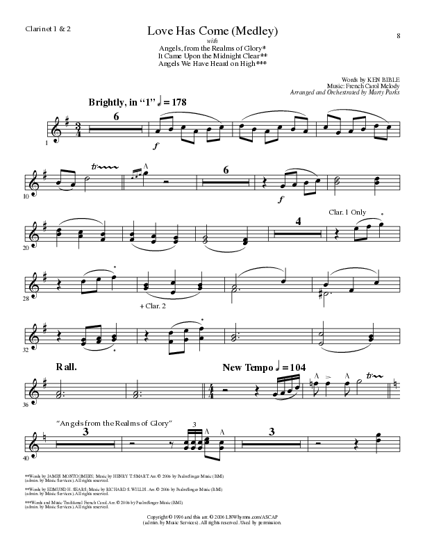 Love Has Come (with Angels From The Realms Of Glory, It Came Upon A Midnight Clear, Angels We Have H (Choral Anthem SATB) Clarinet (Lillenas Choral / Arr. Marty Parks)