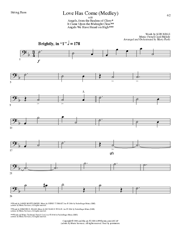 Love Has Come (with Angels From The Realms Of Glory, It Came Upon A Midnight Clear, Angels We Have H (Choral Anthem SATB) Double Bass (Lillenas Choral / Arr. Marty Parks)