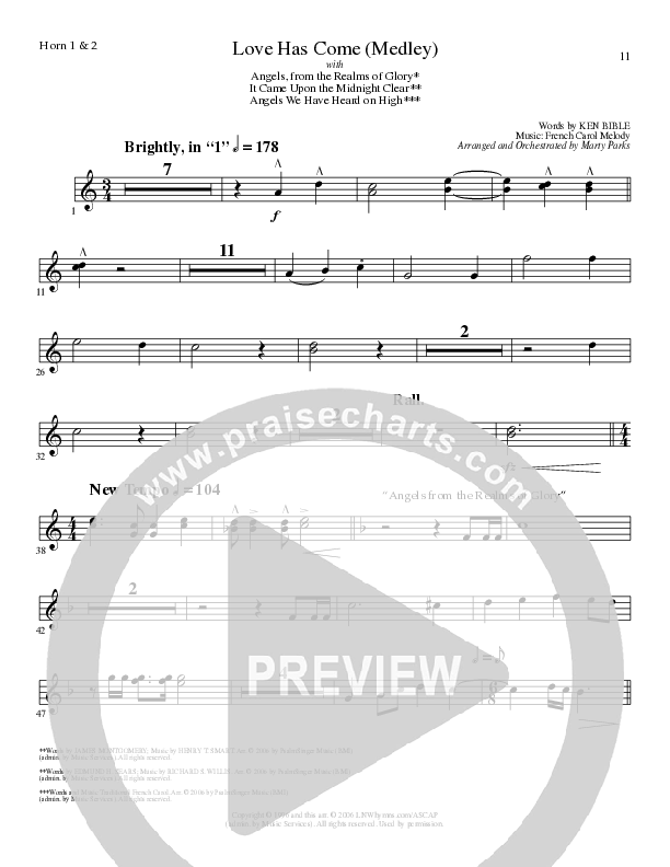 Love Has Come (with Angels From The Realms Of Glory, It Came Upon A Midnight Clear, Angels We Have H (Choral Anthem SATB) French Horn (Lillenas Choral / Arr. Marty Parks)