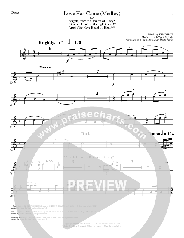 Love Has Come (with Angels From The Realms Of Glory, It Came Upon A Midnight Clear, Angels We Have H (Choral Anthem SATB) Oboe (Lillenas Choral / Arr. Marty Parks)