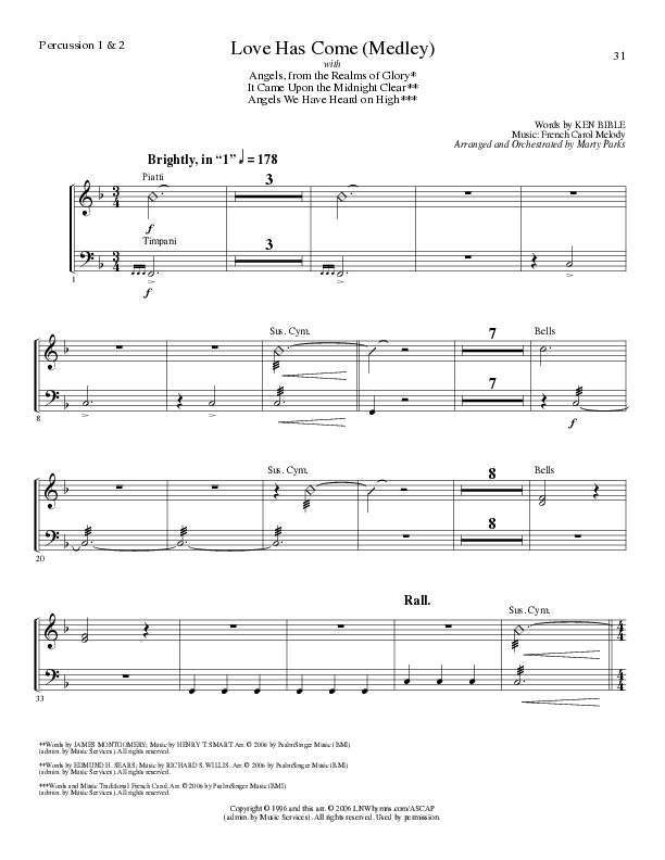 Love Has Come (with Angels From The Realms Of Glory, It Came Upon A Midnight Clear, Angels We Have H (Choral Anthem SATB) Percussion (Lillenas Choral / Arr. Marty Parks)