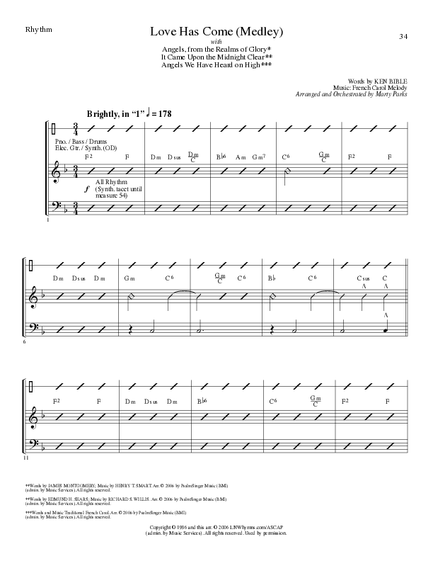 Love Has Come (with Angels From The Realms Of Glory, It Came Upon A Midnight Clear, Angels We Have H (Choral Anthem SATB) Rhythm Chart (Lillenas Choral / Arr. Marty Parks)