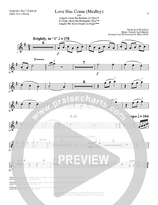 Love Has Come (with Angels From The Realms Of Glory, It Came Upon A Midnight Clear, Angels We Have H (Choral Anthem SATB) Soprano Sax (Lillenas Choral / Arr. Marty Parks)