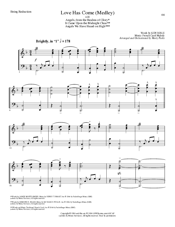 Love Has Come (with Angels From The Realms Of Glory, It Came Upon A Midnight Clear, Angels We Have H (Choral Anthem SATB) String Reduction (Lillenas Choral / Arr. Marty Parks)
