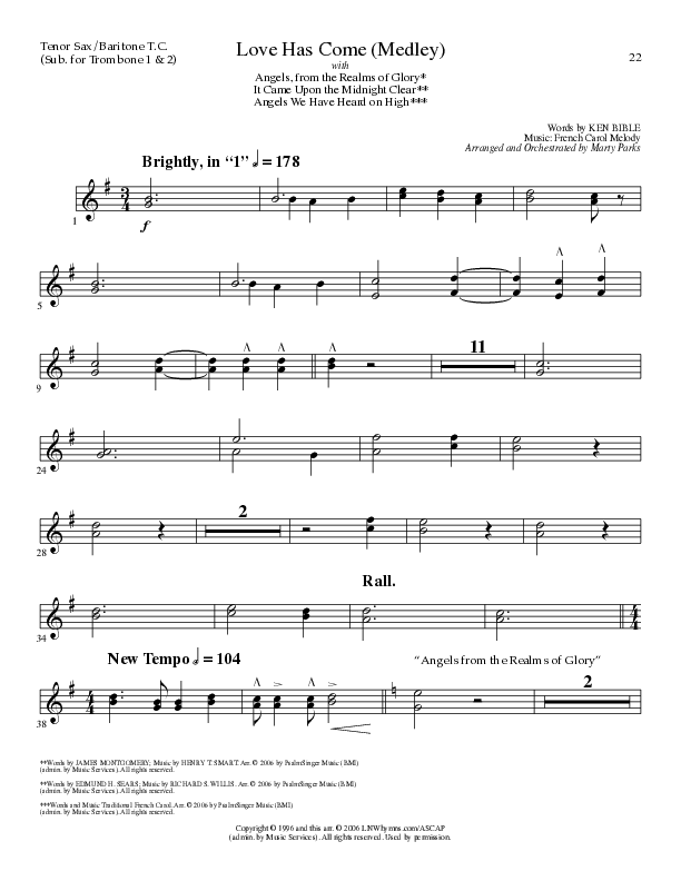 Love Has Come (with Angels From The Realms Of Glory, It Came Upon A Midnight Clear, Angels We Have H (Choral Anthem SATB) Tenor Sax/Baritone T.C. (Lillenas Choral / Arr. Marty Parks)