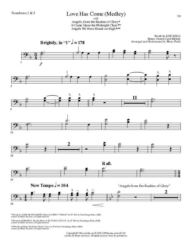 Love Has Come (with Angels From The Realms Of Glory, It Came Upon A Midnight Clear, Angels We Have H (Choral Anthem SATB) Trombone 1/2 (Lillenas Choral / Arr. Marty Parks)