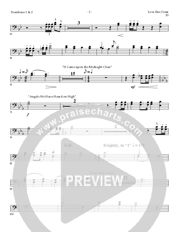 Love Has Come (with Angels From The Realms Of Glory, It Came Upon A Midnight Clear, Angels We Have H (Choral Anthem SATB) Trombone 1/2 (Lillenas Choral / Arr. Marty Parks)