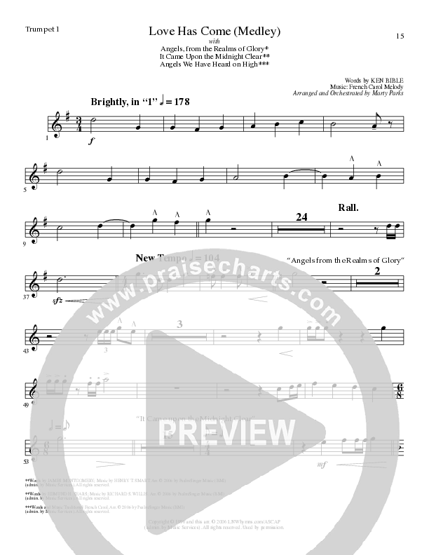 Love Has Come (with Angels From The Realms Of Glory, It Came Upon A Midnight Clear, Angels We Have H (Choral Anthem SATB) Trumpet 1 (Lillenas Choral / Arr. Marty Parks)