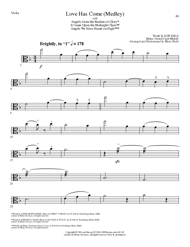 Love Has Come (with Angels From The Realms Of Glory, It Came Upon A Midnight Clear, Angels We Have H (Choral Anthem SATB) Viola (Lillenas Choral / Arr. Marty Parks)
