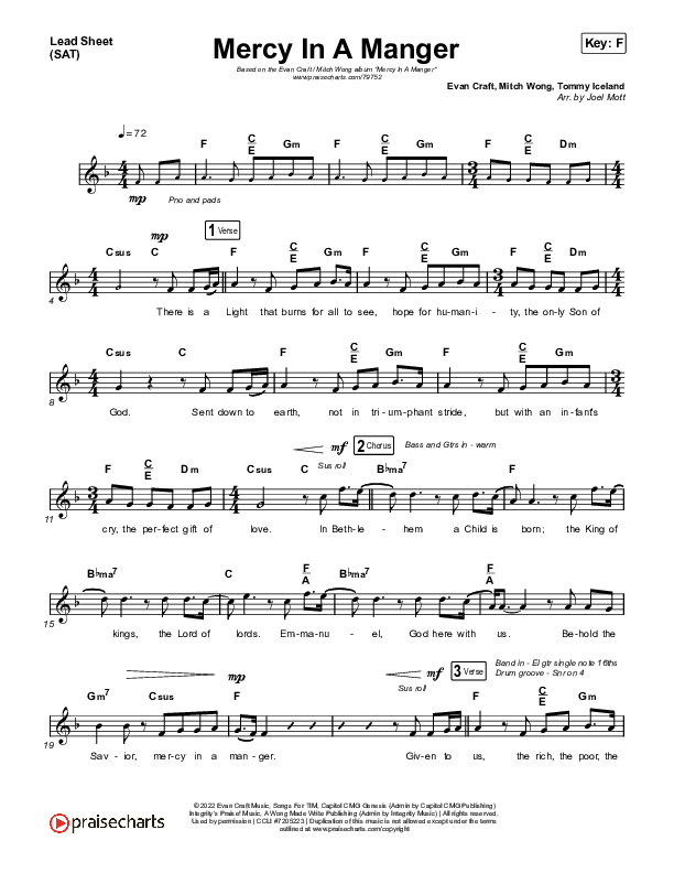 Mercy In A Manger Lead Sheet (SAT) (Evan Craft / Mitch Wong)