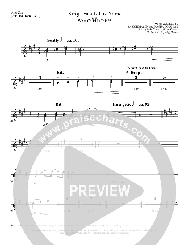 King Jesus Is His Name with What Child Is This (Choral Anthem SATB) Alto Sax (Lillenas Choral / Arr. Mike Speck / Arr. Tim Parton)