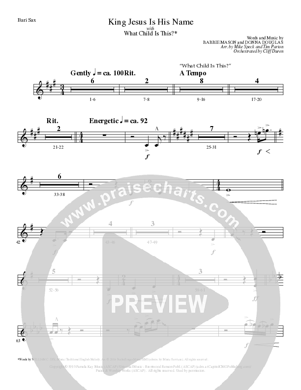 King Jesus Is His Name with What Child Is This (Choral Anthem SATB) Bari Sax (Lillenas Choral / Arr. Mike Speck / Arr. Tim Parton)