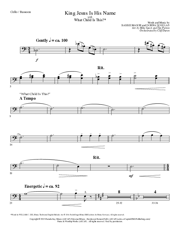 King Jesus Is His Name with What Child Is This (Choral Anthem SATB) Cello (Lillenas Choral / Arr. Mike Speck / Arr. Tim Parton)