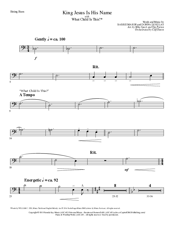 King Jesus Is His Name with What Child Is This (Choral Anthem SATB) Double Bass (Lillenas Choral / Arr. Mike Speck / Arr. Tim Parton)