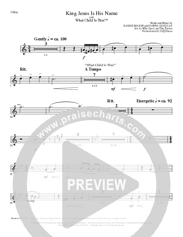 King Jesus Is His Name with What Child Is This (Choral Anthem SATB) Oboe (Lillenas Choral / Arr. Mike Speck / Arr. Tim Parton)