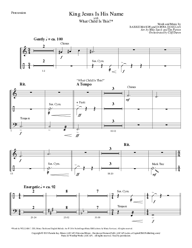 King Jesus Is His Name with What Child Is This (Choral Anthem SATB) Percussion (Lillenas Choral / Arr. Mike Speck / Arr. Tim Parton)