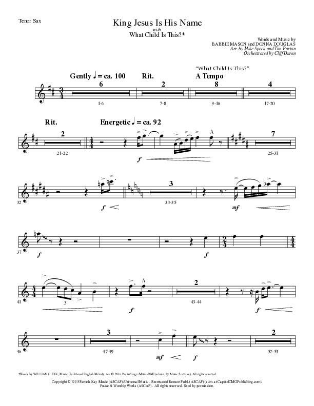 King Jesus Is His Name with What Child Is This (Choral Anthem SATB) Tenor Sax/Baritone T.C. (Lillenas Choral / Arr. Mike Speck / Arr. Tim Parton)