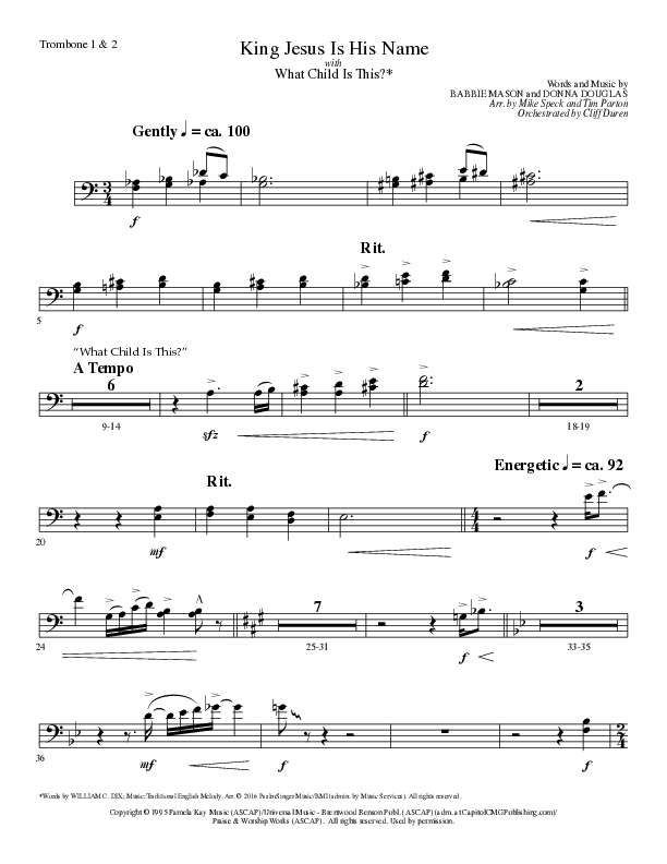 King Jesus Is His Name with What Child Is This (Choral Anthem SATB) Trombone 1/2 (Lillenas Choral / Arr. Mike Speck / Arr. Tim Parton)