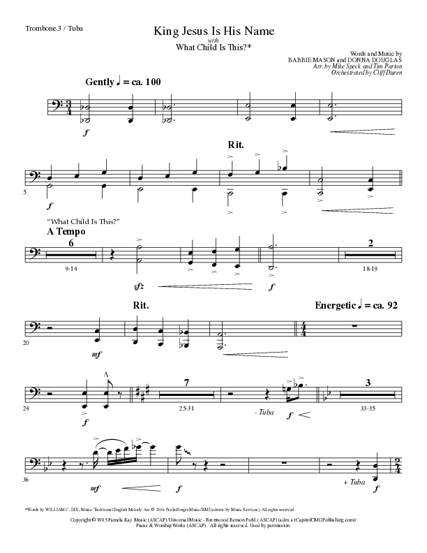 King Jesus Is His Name with What Child Is This (Choral Anthem SATB) Trombone 3/Tuba (Lillenas Choral / Arr. Mike Speck / Arr. Tim Parton)