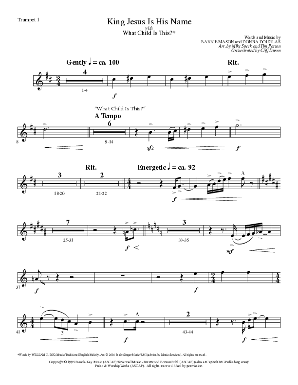 King Jesus Is His Name with What Child Is This (Choral Anthem SATB) Trumpet 1 (Lillenas Choral / Arr. Mike Speck / Arr. Tim Parton)