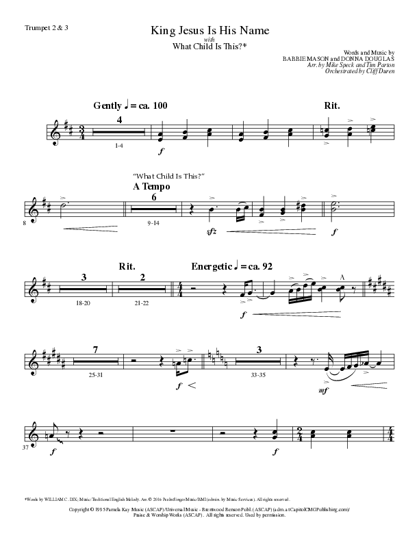 King Jesus Is His Name with What Child Is This (Choral Anthem SATB) Trumpet 2/3 (Lillenas Choral / Arr. Mike Speck / Arr. Tim Parton)