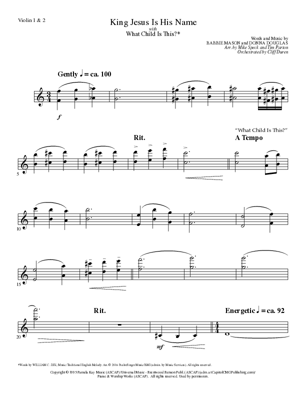 King Jesus Is His Name with What Child Is This (Choral Anthem SATB) Violin 1/2 (Lillenas Choral / Arr. Mike Speck / Arr. Tim Parton)