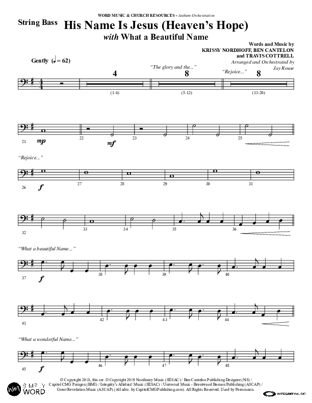 His Name Is Jesus (Heaven's Hope) (with What A Beautiful Name) (Choral Anthem SATB) Double Bass (Word Music Choral / Arr. Jay Rouse)