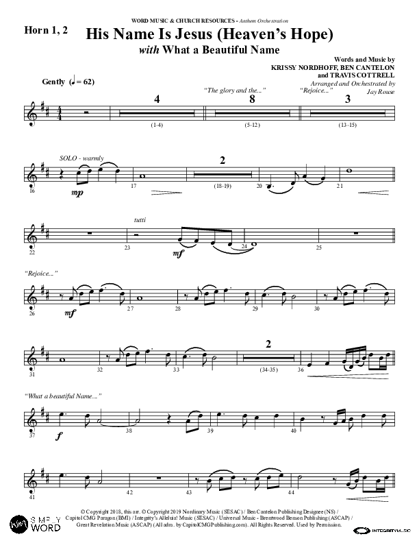 His Name Is Jesus (Heaven's Hope) (with What A Beautiful Name) (Choral Anthem SATB) French Horn 1/2 (Word Music Choral / Arr. Jay Rouse)