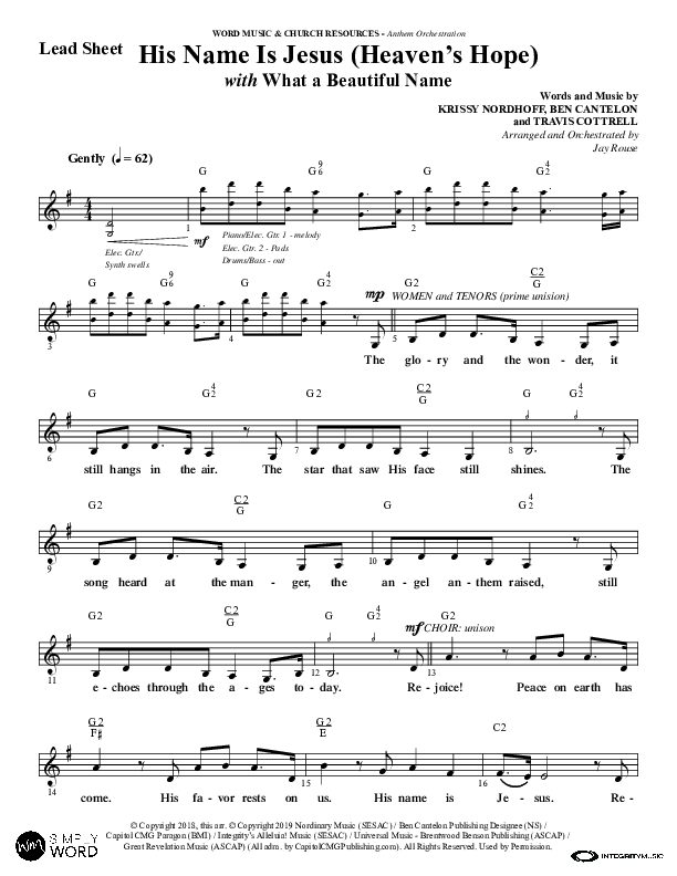 His Name Is Jesus (Heaven's Hope) (with What A Beautiful Name) (Choral Anthem SATB) Lead Sheet (Melody) (Word Music Choral / Arr. Jay Rouse)