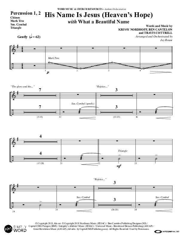 His Name Is Jesus (Heaven's Hope) (with What A Beautiful Name) (Choral Anthem SATB) Percussion 1/2 (Word Music Choral / Arr. Jay Rouse)