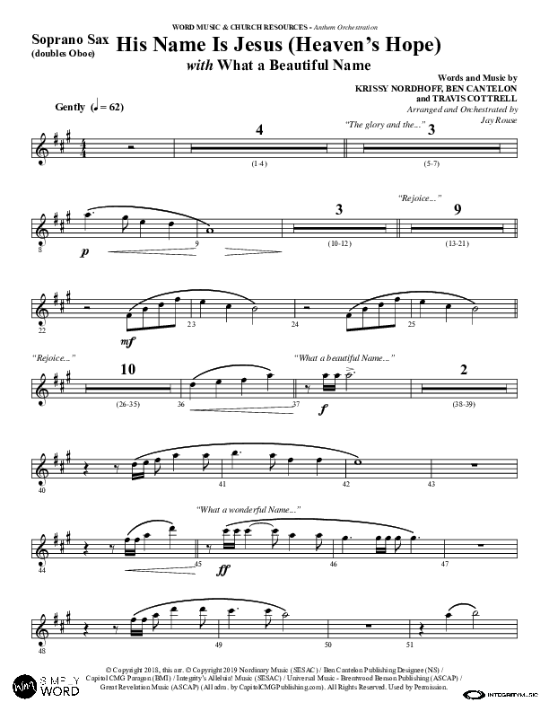 His Name Is Jesus (Heaven's Hope) (with What A Beautiful Name) (Choral Anthem SATB) Soprano Sax (Word Music Choral / Arr. Jay Rouse)